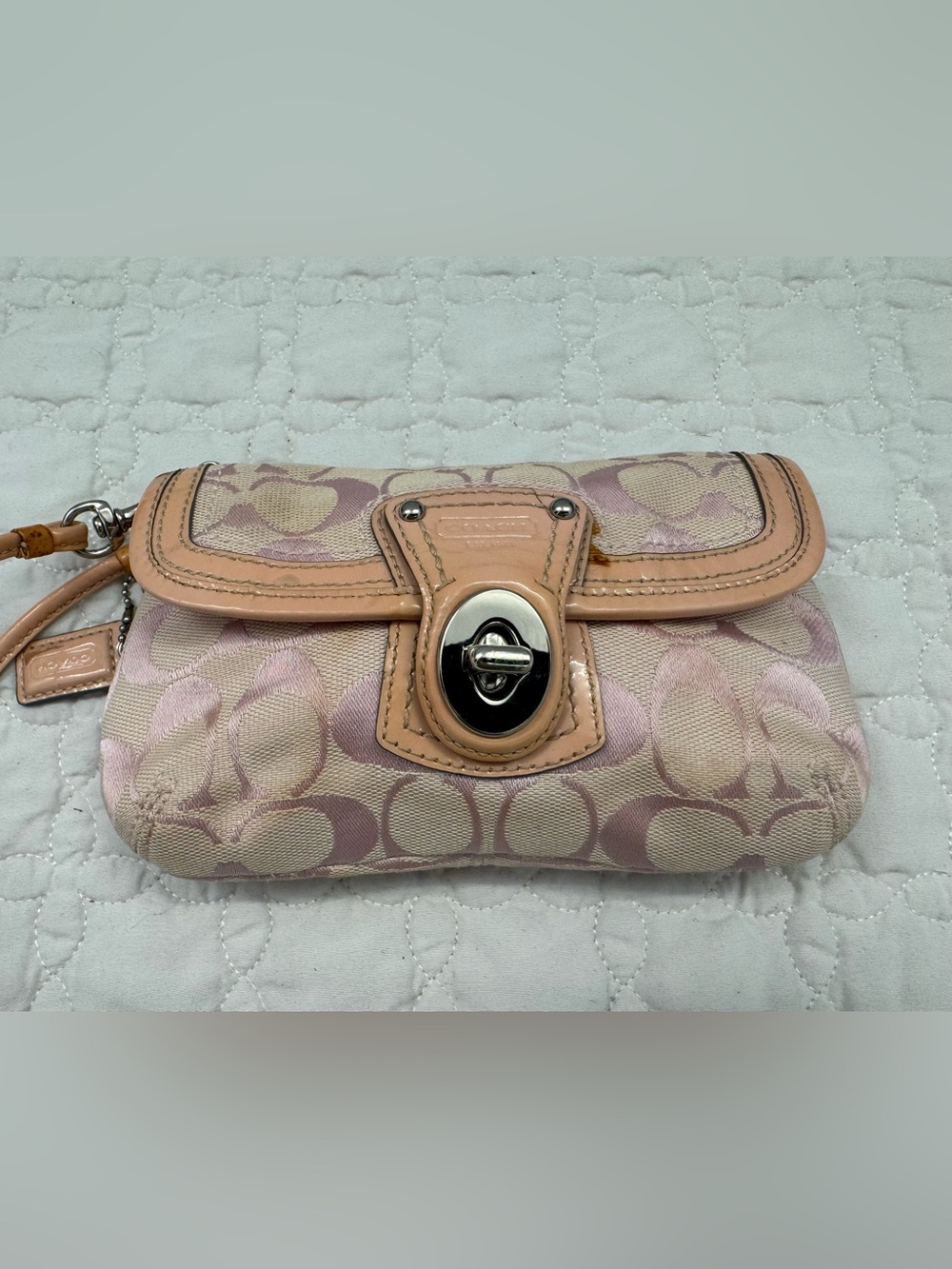 Vintage Coach Rare Pink Signature Legacy Turnlock Canvas Leather Trim Wristlet